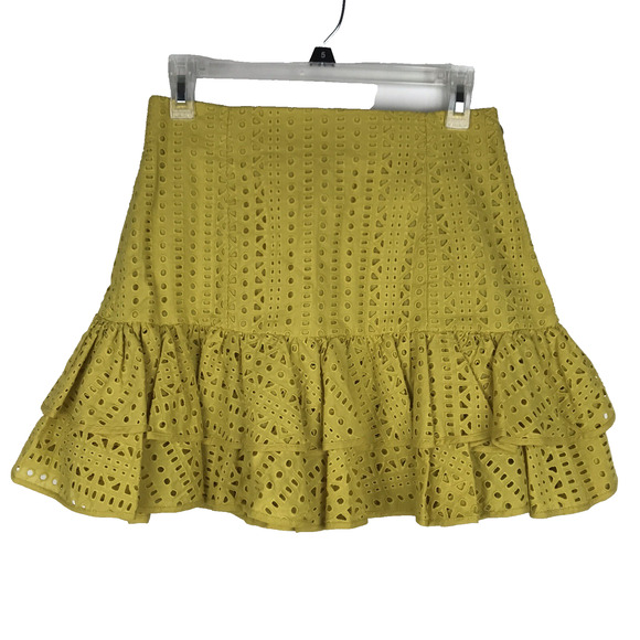Zara Mini Skirt Eyelet Embroidered Mustard Yellow Ruffle Cotton Women's Medium - Picture 2 of 10